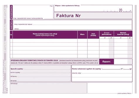 Druk Faktura Dla Zwolnionych Podmiotowo Z VAT 7238405524 Oficjalne