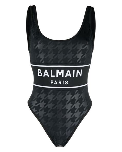 Balmain Houndstooth Print Logo Stripe Swimsuit In Black Lyst