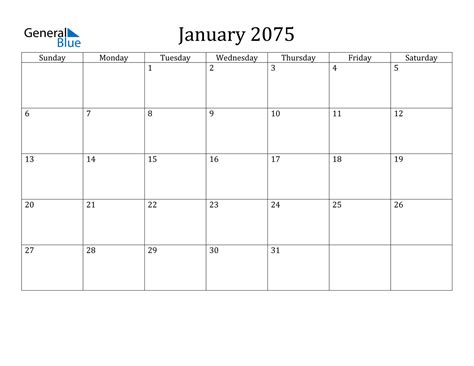 January 2075 Calendar Pdf Word Excel