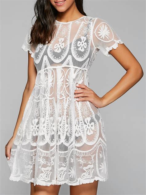 White One Size Embroidered Mesh Sheer Dresssy Tunic Cover Up