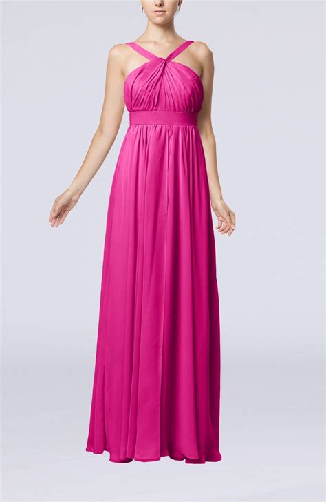 Hot Pink Party Dress Simple V Neck Sleeveless Chiffon Floor Length