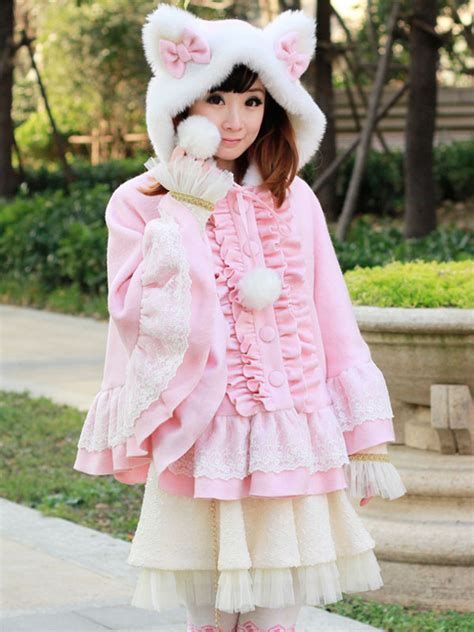 Sweet Lolita Poncho Coat Pink Hooded Cat Ear Ruffles Winter Wool Coat