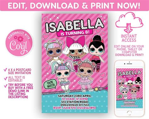 LOL Surprise Doll Party Invitation Invites Birthday Party Instant