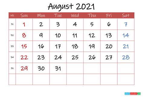 Printable August 2021 Calendar With Holidays Template