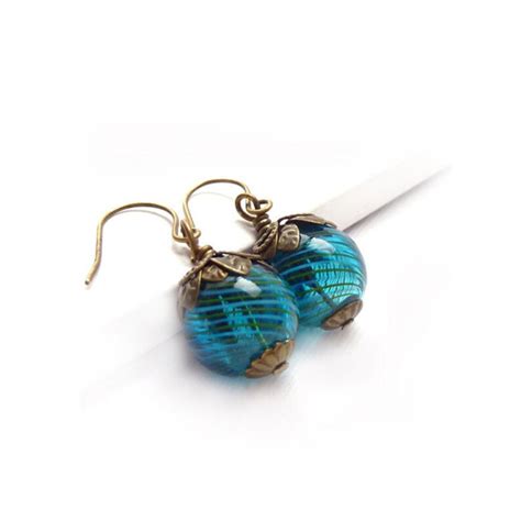 Teal Blue Earrings Blown Glass Bronze Vintage Style Dangle Etsy
