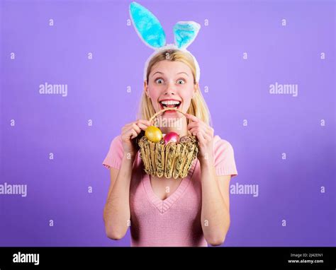 Happy Easter Woman With Basket Eggs Bunny Girl In Rabbit Ears Spring