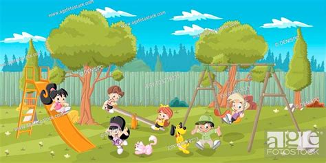 Cute Happy Cartoon Kids Playing In Playground On The Backyard Stock