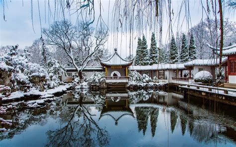 Hintergrundbilder Winter Schnee Suzhou Gardens Garten China See