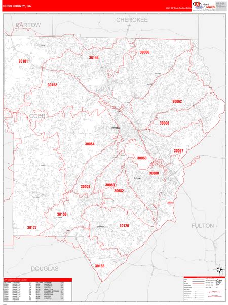 Cobb County Ga Zip Code Wall Map Red Line Style By Marketmaps
