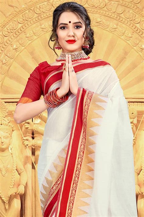 Buy Chiffon Traditional Bengali Saree In White Colour Online