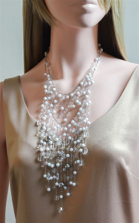 White And Clear Chunky Statement Necklace Long Drop Necklace Etsy