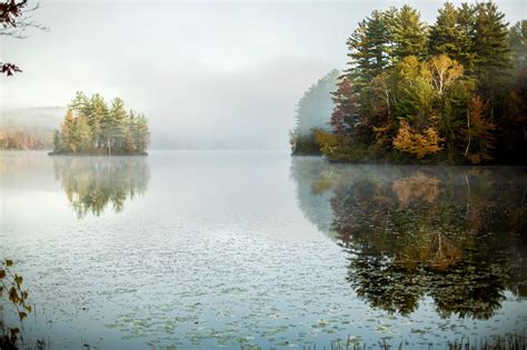 A Foggy Fall Morning Over A Quiet Pond Vermont Usa