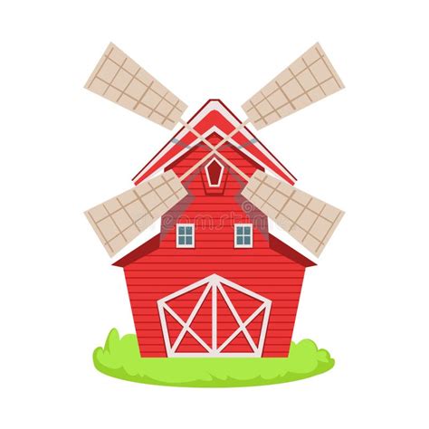 Red Wooden Windmill Cartoon Farm Related Element On Patch Of Green