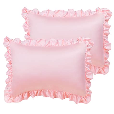 2pcs Pillow Shams Satin Silk Pillow Cases Oxford Pillowcases Ruffled Pillow Cover Pink Standard