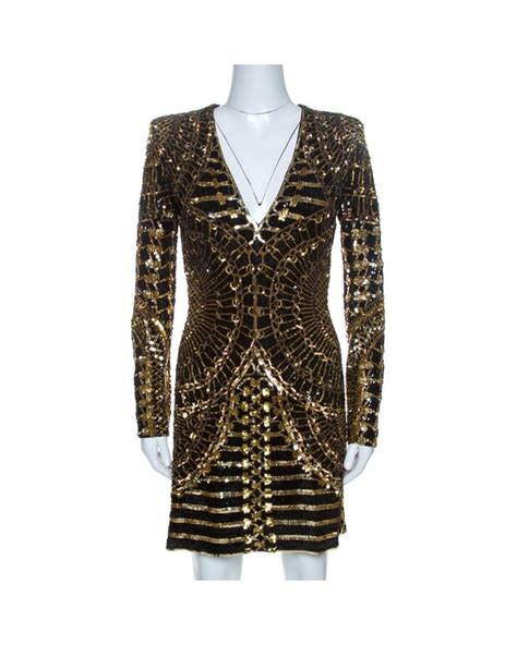 Balmain Synthetic Gold And Black Sequin Embellished Mini Dress S In