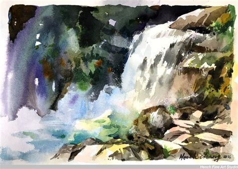 A Watercolor Painting Of A Waterfall With Trees In The Background