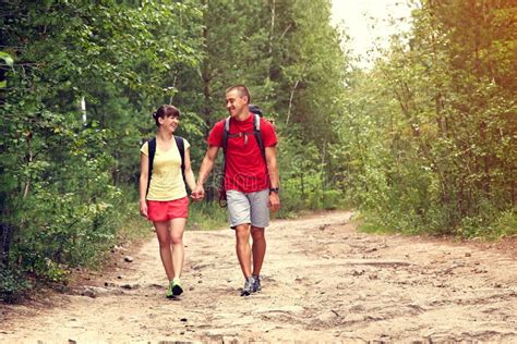 Couple Hikers In Forest Stock Image Image Of Hiking 93997523
