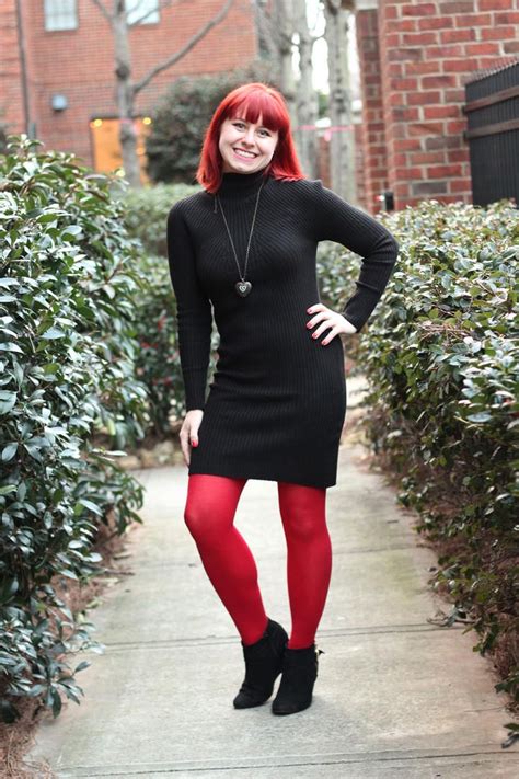 Pin By Tights Are Pants On Tights Sweater Dress Red Tights Miniskirt Outfits