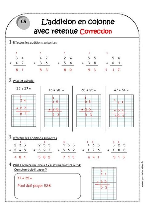 Leçons, exercices et evaluations corrigés sur le programme de. img_Correction-Addition-en-colonne-avec-retenue-Ce1-Exercices-à-imprimer.jpg (480×679) | Ce1 ...