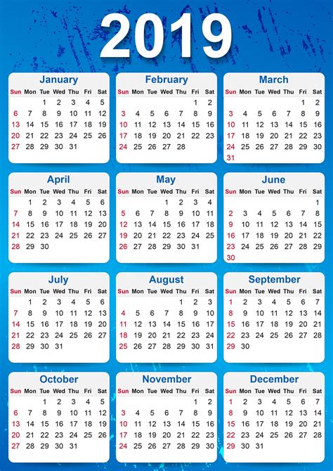 2019 Yearly Calendar Printable Yearly Calendar Template Calendar