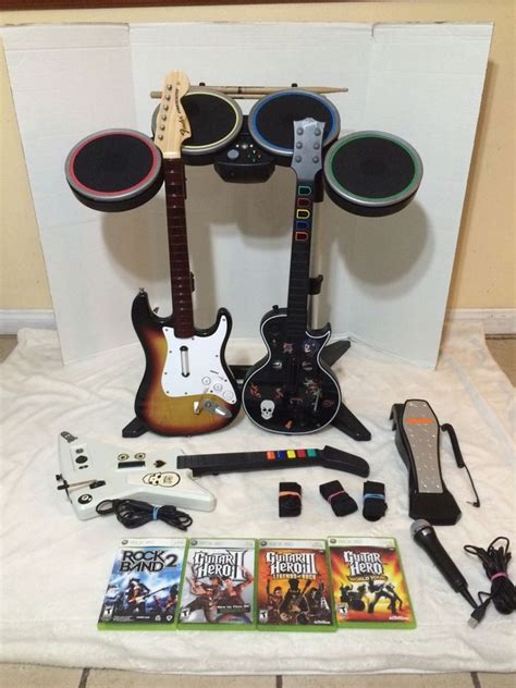 Xbox 360 Rock Band 2 Bundle With 3 Guitars Guitar Hero 4 Games