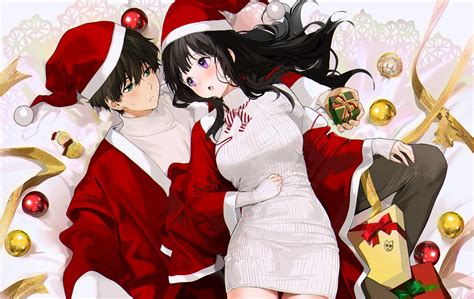 Black Hair Blush Bow Chitanda Eru Christmas Dress Green Eyes Hat Hyouka Long Hair Male Mery