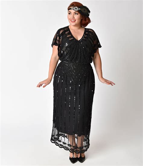 plus size 1920s black beaded deco angelina maxi flapper dress unique vintage plus size