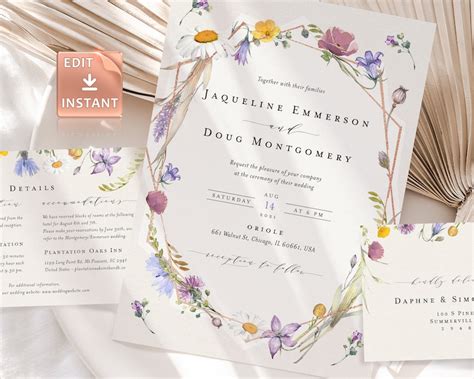 Boho Wildflowers Wedding Invitation Floral Invite Templates Etsy