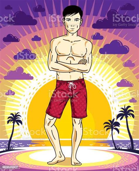 Handsome Brunet Young Man Is Standing In Shorts On Sunset View Of