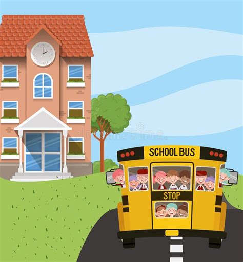 School Building And Bus With Kids In The Road Scene Stock Vector