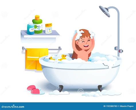 Girl Kid Having Bath Washing Head And Body Cartoon Vector