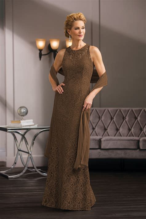 K188058 Long Jewel Neckline Metallic Lace And Chiffon Mob Dress With Shawl