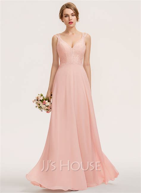 A Line V Neck Floor Length Chiffon Lace Bridesmaid Dress 007190713