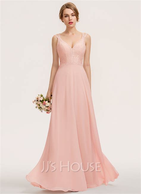 A Line V Neck Floor Length Chiffon Lace Bridesmaid Dress