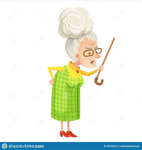Vector Illustration Of Angry Senior Woman With Walking Stick Stock