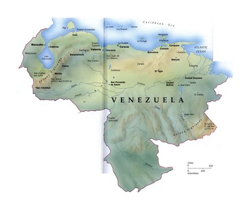 Большая подробная карта Венесуэлы с рельефом и крупными городами