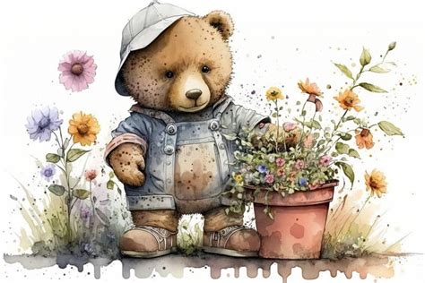 Teddy Bear Gardening Flowers Watercolor Created With Generative Ai