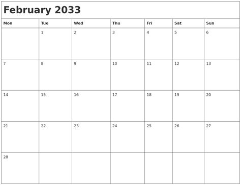 February 2033 Month Calendar