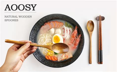 Aoosy Wooden Spoon 5 Piece Janpanese Style Kitchen Utensil Long Handle Nanmu Wood Soup Spoons