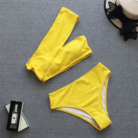 2019 Sexy Yellow High Waist Bikini Women Ribbed Swimsuit One Shoulder Swimwear Female Bikini Set