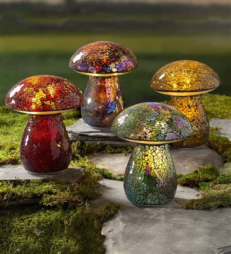 Glass Mosaic Mushroom Lawn Ornament Amber Plowhearth