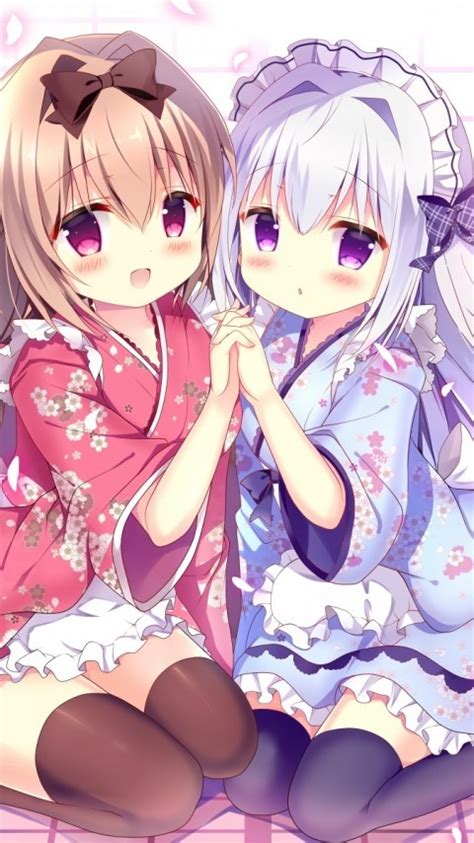 Download 480x854 Cute Anime Girls Kimono Friends Smiling Long Hair Headband Lolita Fashion