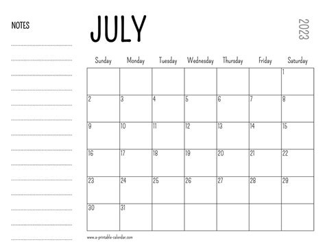 July 2023 Printable Calendar A Printable Calendar