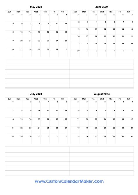 May To August 2024 Printable Calendar