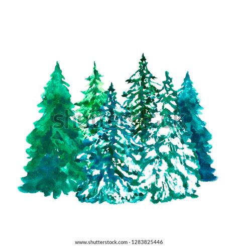 Watercolor Illustration Pine Trees Snow On Stock Illustration