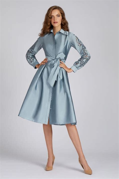 Taffeta Eyelet Collar And Sleeve Shirt Dress Evening Gowns With