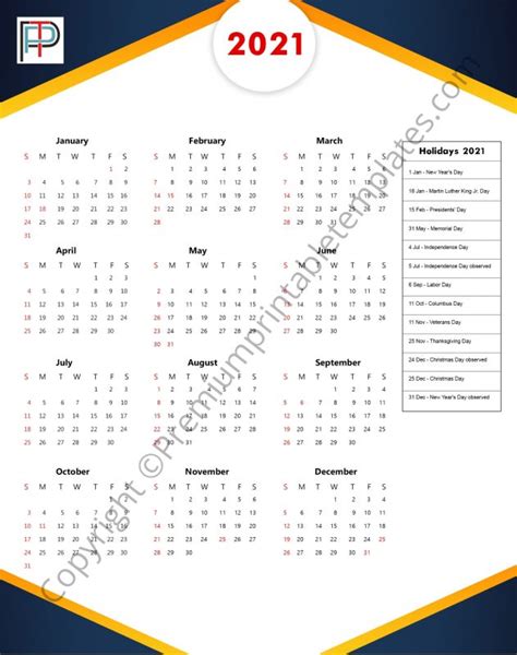 Editable, printable 2021 calendars with week quantity, us federal holidays, area for notes in ☼ doc model: Printable 2021 Yearly Calendar with Holidays in PDF and Word | Premium Printable Templates