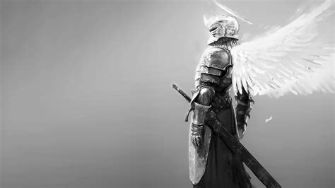 Wallpaper Knight Angel Wings Halo Sword Armor Monochrome