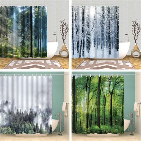 3d Printed Forest New Style Shower Curtains Polyester Fabric Waterproof Bath Curtain Set