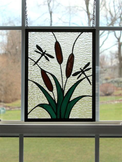 Stained Glass Cattails With Dragonflies Etsy Stained Glass Glass